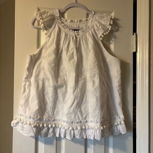 J. Crew White Sleeveless Eyelet Top with Pom Pom Trim